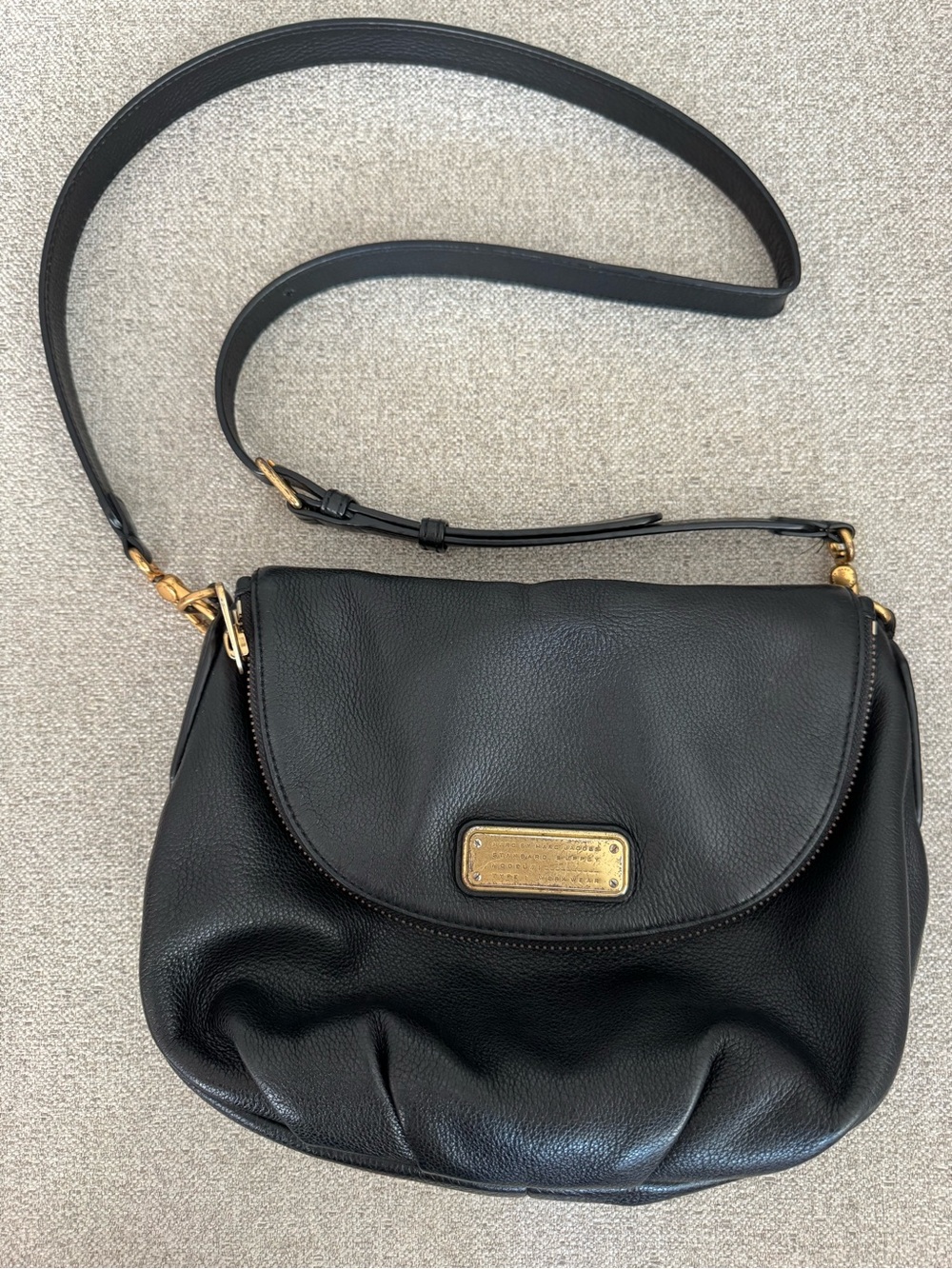 Marc Jacobs Black Pebbled Leather Crossbody Purse with Gold Plaque